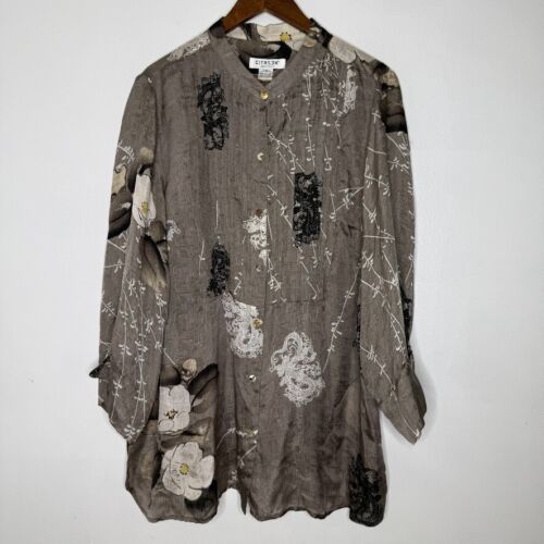 Citron Santa Monica 1X Floral Crinkled Tunic Blouse Artsy Asian Inspired Silk