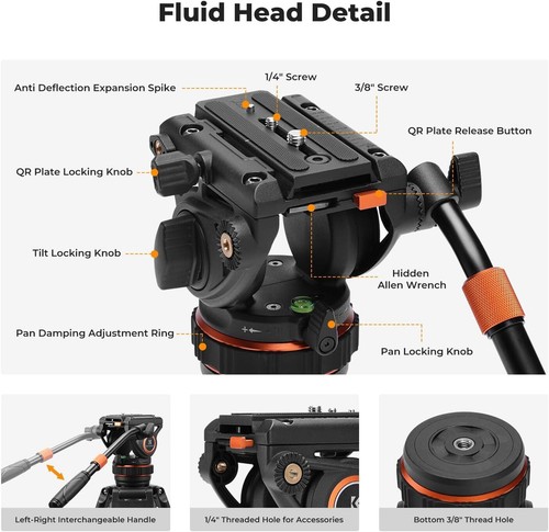 K&F Concept 75in Video Tripod Camera Tripod Fluid Head Heavy Duty 17.6lbs Load - Picture 4 of 19