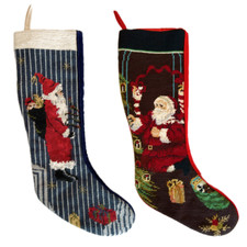 22" Santa Claus with Presents Vintage Needlepoint Christmas Stockings - Set of 2
