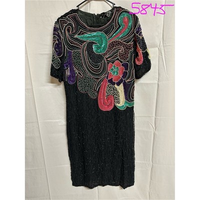Vintage CARINA Beaded Sequin Silk Dress XL Multicolor Knee Length Occasion Wear