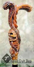 Hand Carved Wooden Snake Handle Walking Stick Hand Walking Cane Cobra  Skull A