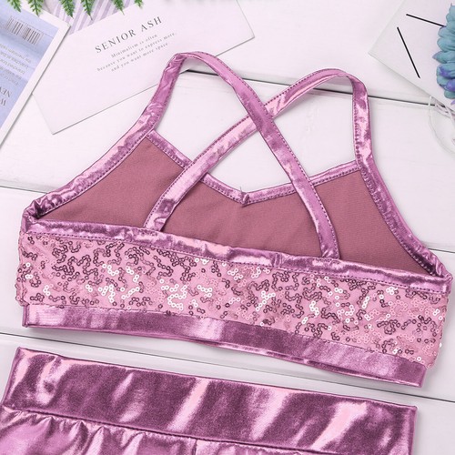 Girl Dance Outfit Two-Pieces Crop Top+Shorts Leotard Sport Gymnastics Dancewear - Picture 59 of 87