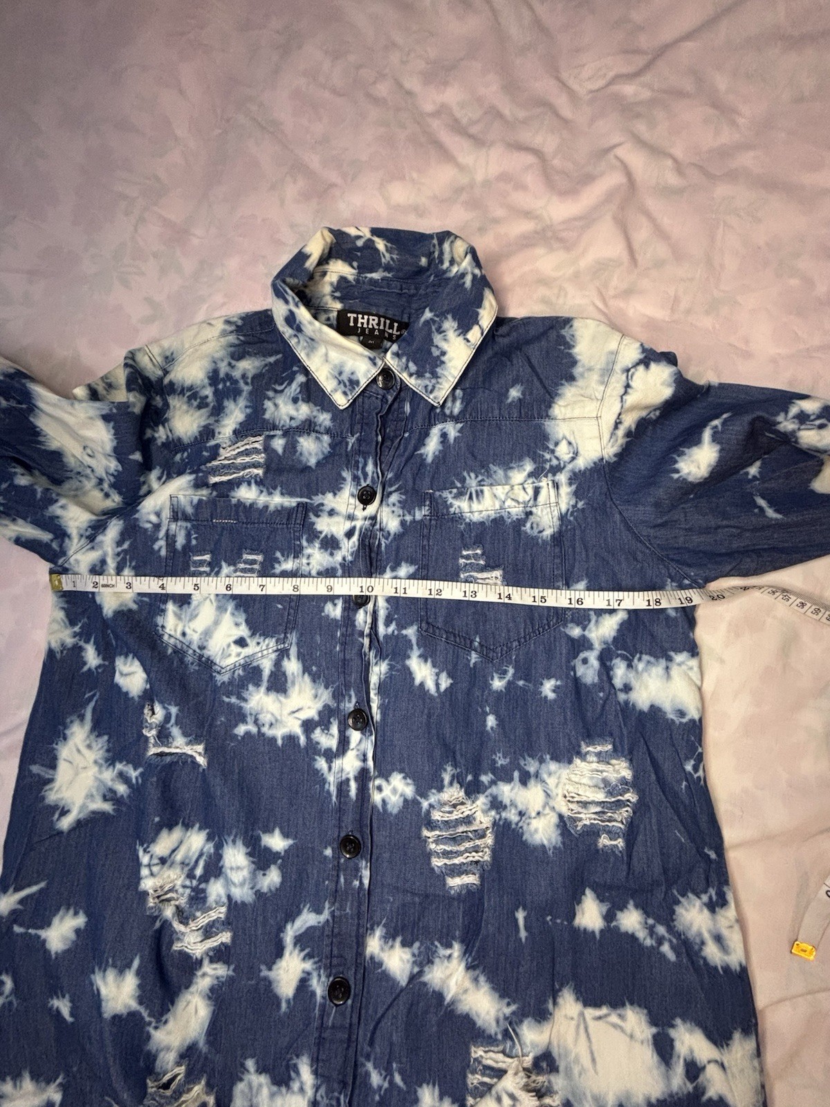 Thrill Distressed Bleached Denim Button Down Top-… - image 7