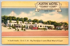 South Austin Texas~Austin Motel Tourist Court~Roadside~Conoco Oil~Linen Postcard
