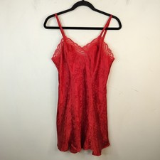 Adonna Red Floral Satin Slip Chemise Womens Medium Lace Trim Jacquard