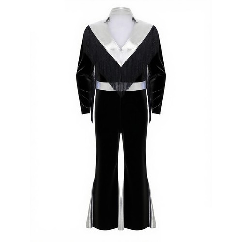 Mens Disco Dance Jumpsuit Color Block Metallic Tassel Flared Rompers Costume - Picture 13 of 37