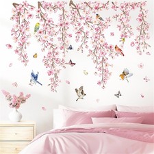 wondever Cherry Blossom Flower Vine Wall Stickers Pink Hanging Floral Multi