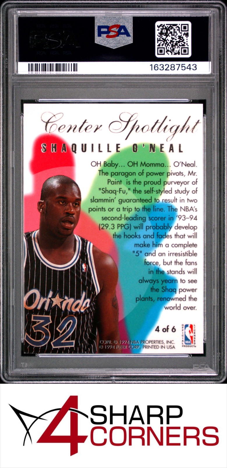 1994 FLAIR CENTER SPOTLIGHT #4 SHAQUILLE O'NEAL HOF PSA 8 view 2