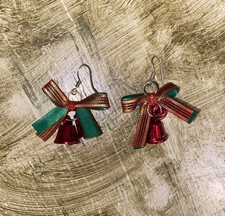 Jingle Bell Earrings With Green And Red Bow