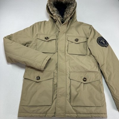 Superdry Rescue Sand Coat Mens Large Beige Hooded Parka Insulated Winter Jacket