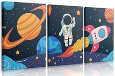 3 Pcs Astronaut Canvas Wall Art Nursery Space Wall Decor Painting Outer Space...