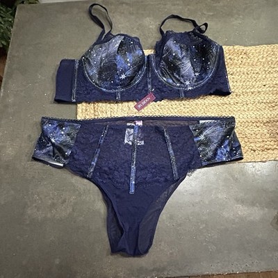 New With Tags Adore Me Bra & Panties 44D 3X Blue Satin Stars 