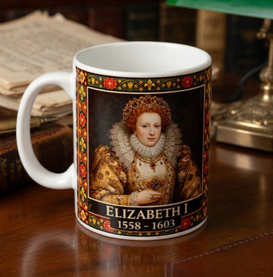Elizabeth I Portrait Tasse mit Tudor Muster: British History Kaffeebecher