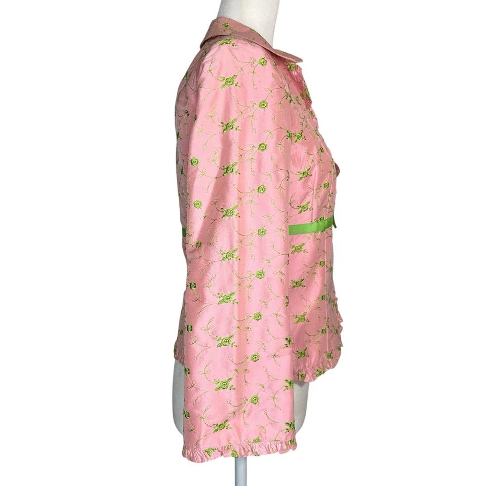 Chaqueta Blazer Vintage Nanette Lepore Talla 4 Rosa Verde Seda Bordada Recortada Foto 4 de 4