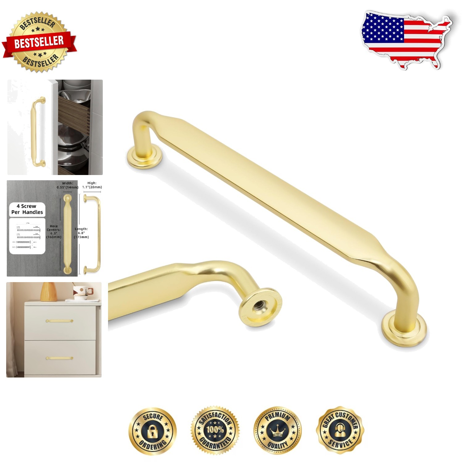 Elegant 6.3 Inch Brushed Brass Cabinet Pulls 10 Pack