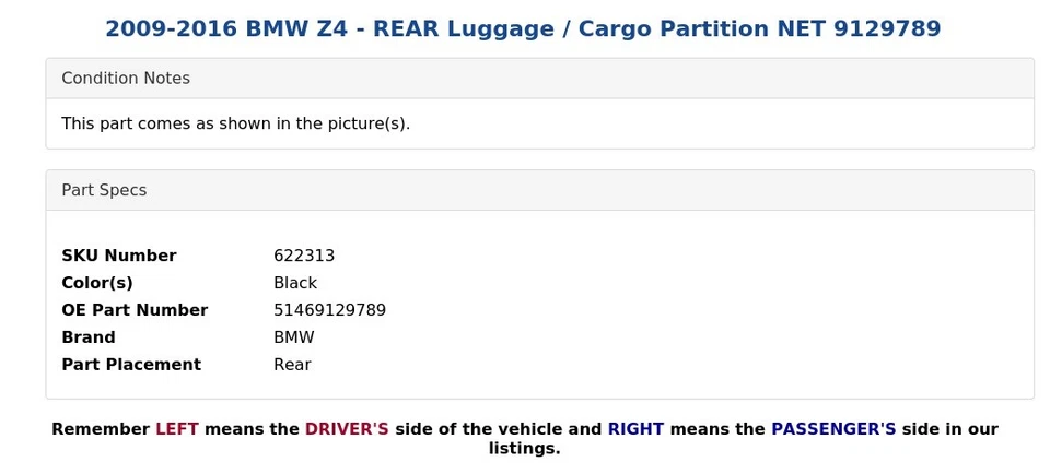 BMW Z4 2009-2016 - Equipaje trasero/partición de carga red 9129789 Foto 3 de 4