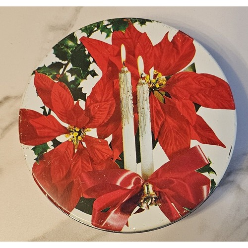 Candele e Poinsettie in latta biscotti NATALE metallo tondo vintage 1963 6" - Foto 1 di 5
