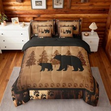 Bear Comforter Set King Size 7 Pcs Cabin Lodge Bed in a Bag Rustic Wild Animals