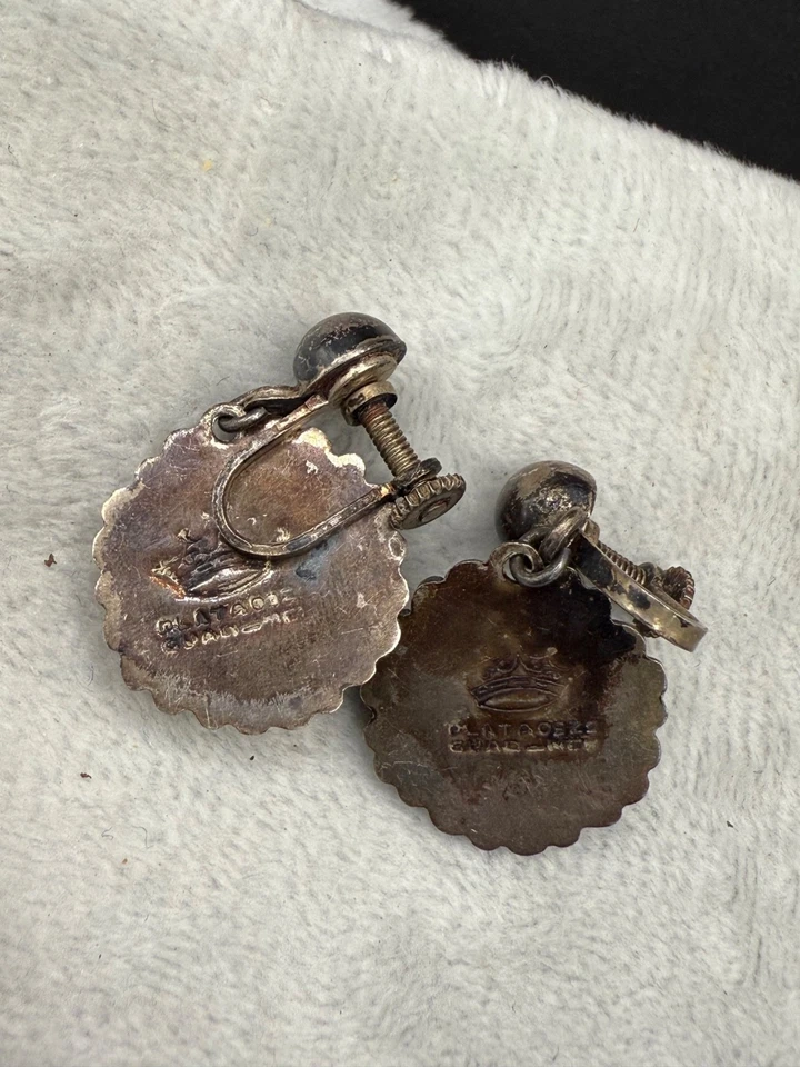 Pendientes colgantes vintage de plata de ley de vidrio negro firmados Foto 2 de 4