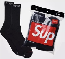 Supreme X Hanes Crew Socks - Black, 4 Pack, Size 6-12