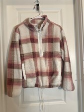 No Boundaries Womens Half Zip Plush Pullover Pockets Winter White Plaid Size 1X