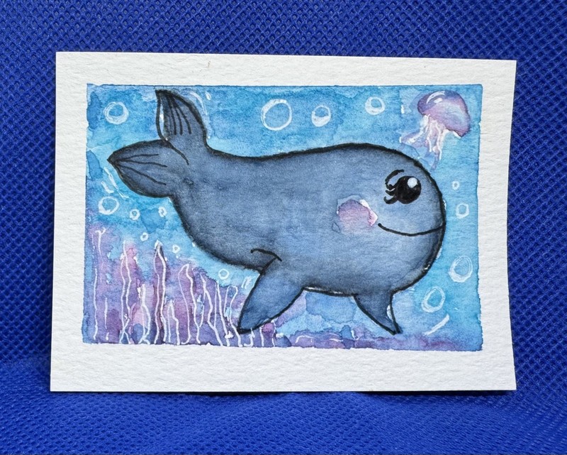 Original Handmade Signed ACEO Watercolor Ink whale. OOAK