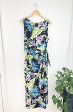Vintage Purple Blue Hawaii Tropical Floral Midi Wrap Dress Women  s 12