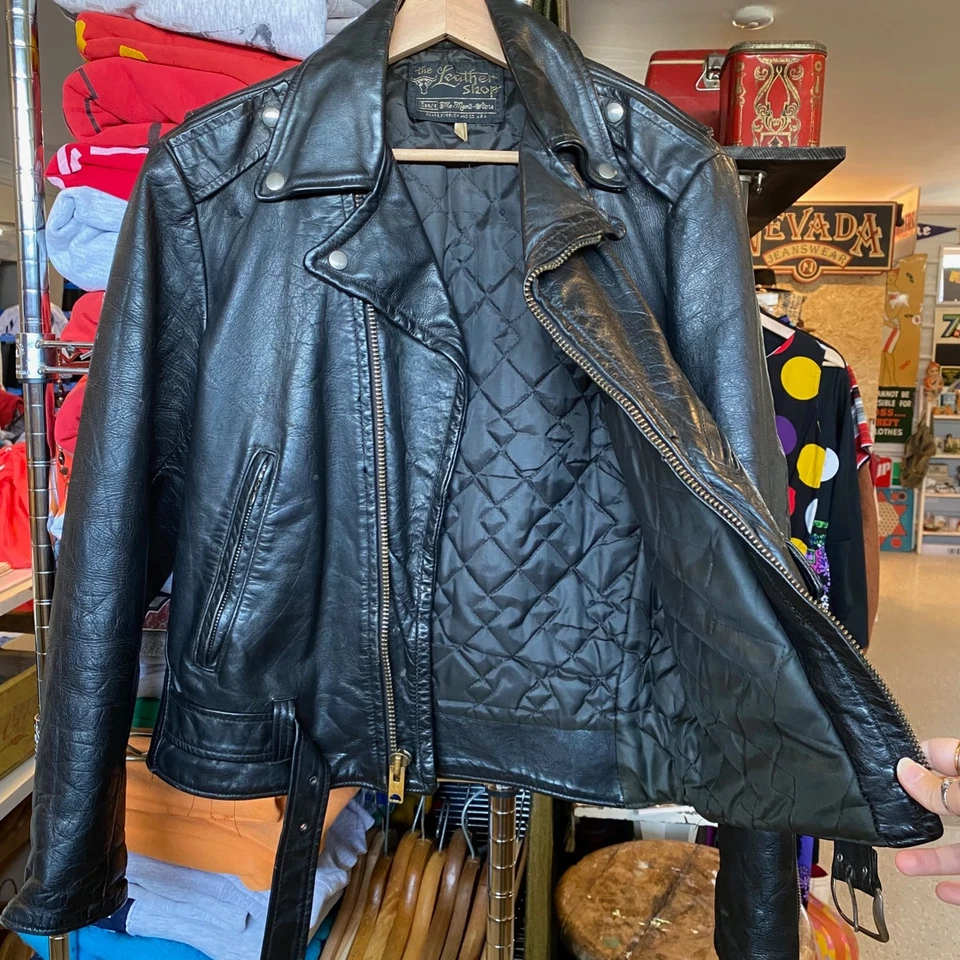 1970s Vintage SEARS ROEBUCK Leather Shop Retro Black Motorcycle Jacket Biker Foto 3 de 4