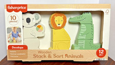 Fisher Price Wooden Stack Sort Animals 12M 10 Pcs, Koala, Lion, Crocodile NEW
