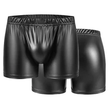 Black Faux Leather Sexy Men's Underwear Trunks Wet Look Pouch Boxer Shorts