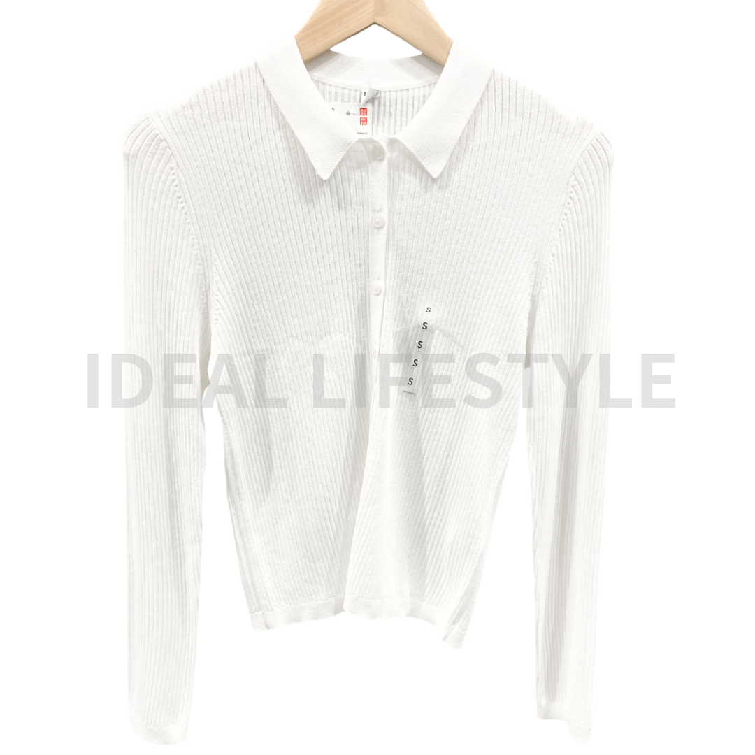 UNIQLO Ribbed Polo Cardigan S-3XL Sheer Collared Long-Sleeve