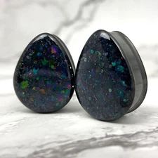 Pair of Black Steel Teardrops with Embedded Deep Space Glitter gauges handmade