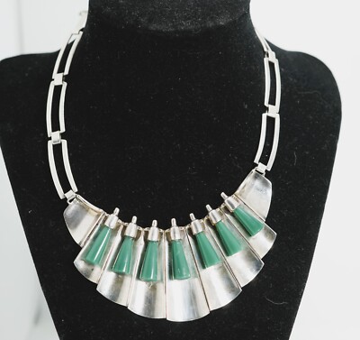 DHS Taxco Mexico Modernist 950 Sterling Silver Green Onyx Necklace Earrings Set