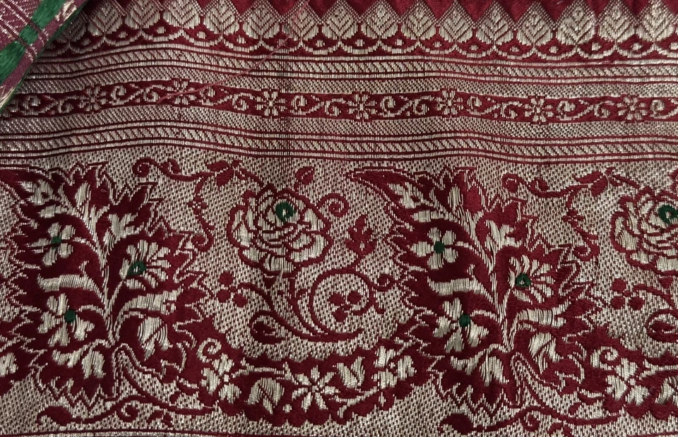 古董老式/复古深红重丝绸锦缎丝带用金属线制成 5 英寸 x 50 英寸 — 第 3/4 张图片