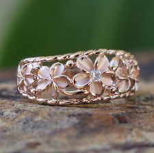 Hawaiian Silver Pink Gold Five Plumeria Flowers CZ Wedding Ring Band 8mm SR3249
