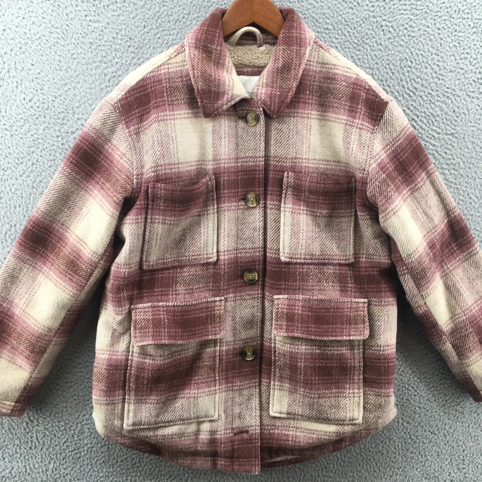 American Eagle Teddy Jacket Womens S Pink Plaid Button Up Multi-Pockets Collared - Image 2 of 4