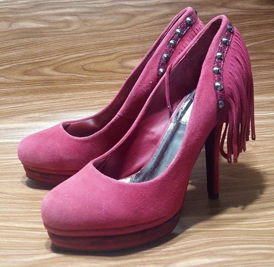 NAUGHTY MONKEY PLATFORM TASSEL PUMP HEELS RED SUEDE LEATHER WOMENS SHOES 10 - Image 2 of 4