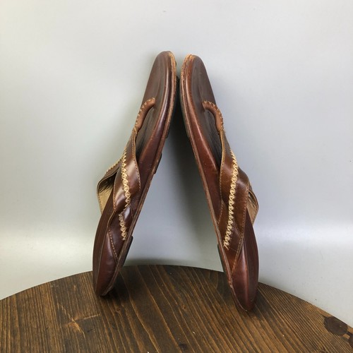 OluKai Mea Ola Mens 10 Brown Leather Slip On Thong Flip Flops Sandals - Picture 6 of 10