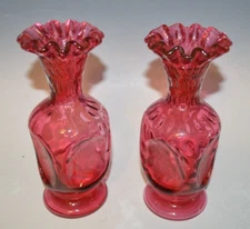 Pair of Fenton Cranberry Glass Optic Dot Pinch Vases with Ruffle Edges