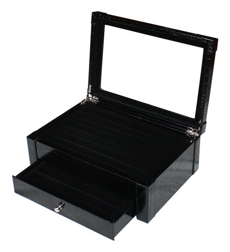 BLACK CROC JEWELRY BOX RING EARRING CUFF CASE LARGE STORAGE DISPLAY ORGANIZER - Picture 4 of 6