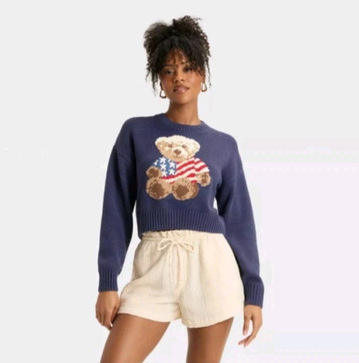 Women s Grayson Threads American Flag Cropped Navy Bear Graphic Sweater Sz XXL 
