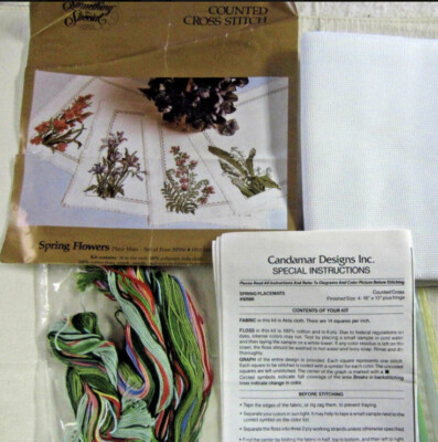 Cross Stitch PLACEMATS KIT 4 Pc Spring FLOWERS 1990 by Lily Of Valley-Iris-Glad