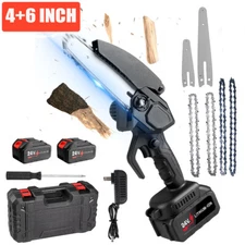 4"+6" Electric Mini Chainsaw Handheld Cordless Wood Cutter + 2 Batteries 4 Chain