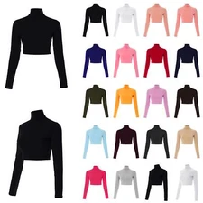 MixMatchy Solid Long Sleeve Mock Neck Solid Crop Top T Shirt