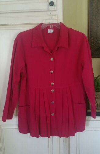 CMC COLOR ME COTTON RASPBERRY HOT PINK PLEATED BUTTON FRONT LS TOP M EUC - Picture 7 of 12