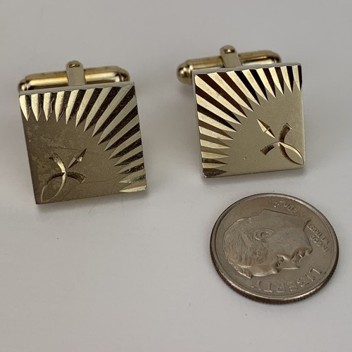 VTG Anson Square Sunburst Diamond Cut Gold Tone Cufflinks Engraved Square 50 60s - Picture 9 of 11