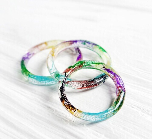 Thin Resin ring Rainbow Leaf Stackable ring girlfriend gift Wedding Promise band - Picture 2 of 8