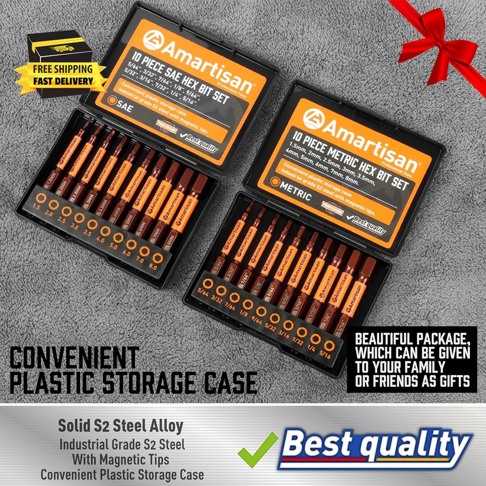 20-Piece Hex Head Allen Wrench Drill Bit Set, Metric and SAE S2 Steel Hex Bits S - Image 3 of 4