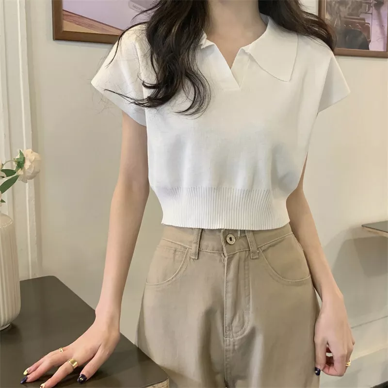 Women Summer New Korean Style Short Sleeve Collared Crop Knit Top Blouse T  Shirt