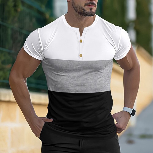 Henry's Camicia T-Shirt Uomo Top Manica Corta Blusa Bottoni Casual Colorblock - Foto 15 di 20
